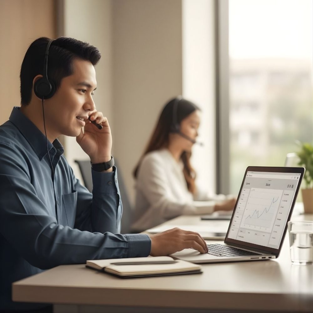 Filipino male outbound sales agent making professional calls in a Philippines-based office.